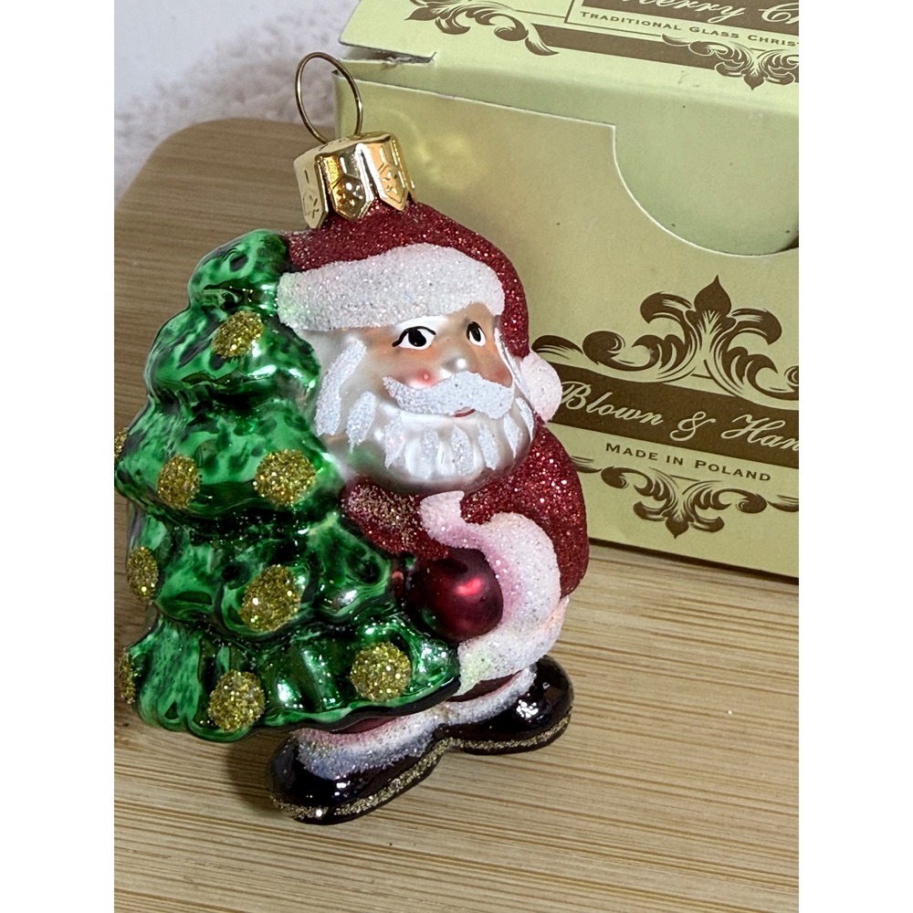 Impuls Christmas Santa Ornament Glass Red Green Poland Hand Paint Blown Vintage